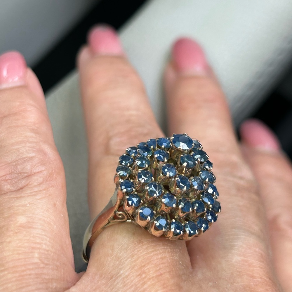 Sold-14K Yellow Gold Spiral Cluster Cocktail Natural Round Shape Blue Sapphire - Picture 4 of 17